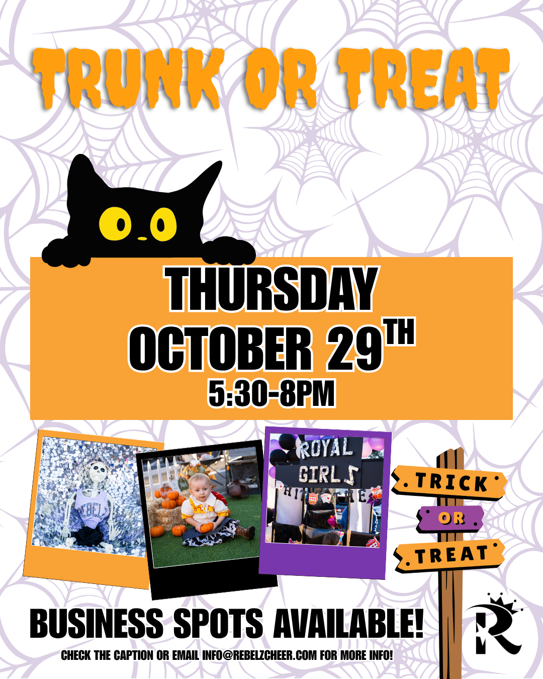 Trunk or Treat flyer: October 29, 5:30–8 p.m. Business spots available.